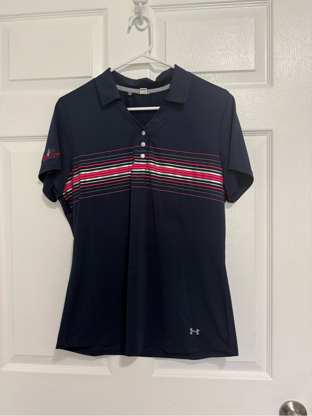 Under Armour Navy Polo with Pink & silver Stripes. Ladies Golf shirt.